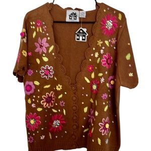 NEW Vintage Storybook Knits Brown “Floral Shrug” 2x SS Sweater Gift